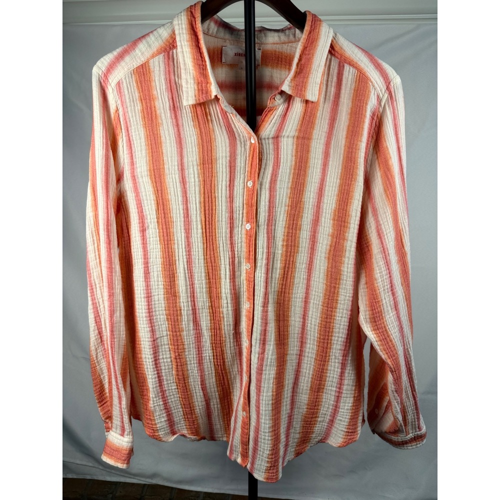 Xirena Women Large L Cotton Gauze Striped Button Down Sunset Coastal Beachy Boho